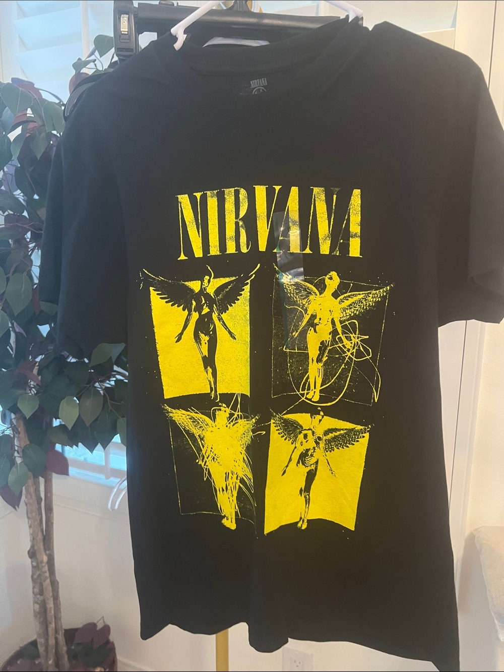 NIRVANA Black Short Sleeve T-Shirt with Yellow Graphic Panels